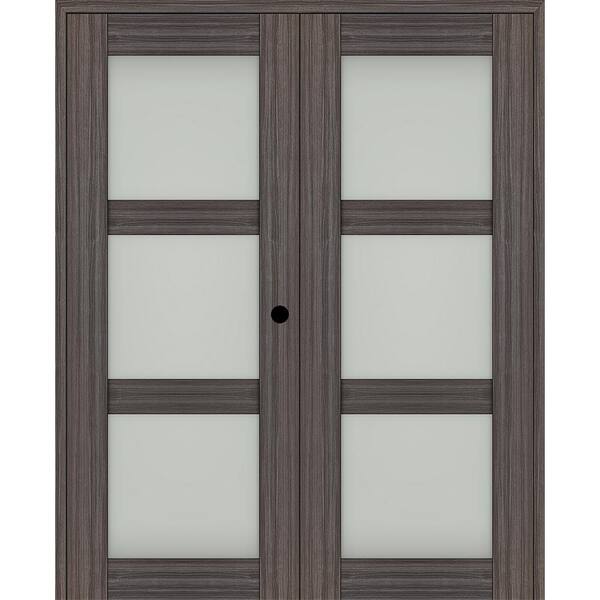 Belldinni Paola 72 in. x 80 in. Left-Hand Active 3-Lite Frosted Glass Gray Oak Wood Composite Double Prehung French Door