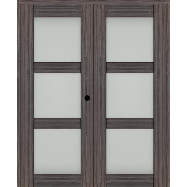 Belldinni Paola 56 in. x 80 in. Left-Hand Active 3-Lite Frosted Glass Gray Oak Wood Composite Double Prehung French Door