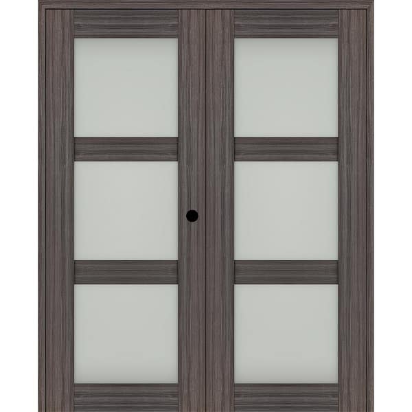 Belldinni Paola 48 in. x 84 in. Left Hand Active 3-Lite Frosted Glass Gray Oak Wood Composite Double Prehung French Door