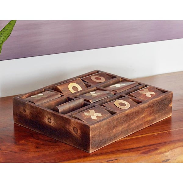 Litton Lane Dark Brown Mango Wood Tic Tac Toe Game Set with Gold Inlay