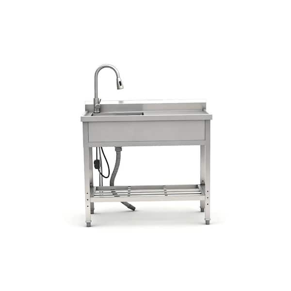 39 in. Farmhouse Single Bowl Stainless Steel Kitchen Sink with Faucet and Drain Freestanding Utility Sink w/Workbench