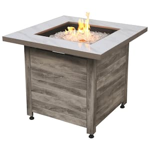30 in. W x 24 in. H Outdoor Square Steel Frame LP Gas White Fire Pit with Piezo Ignition Fire Glass and Cover