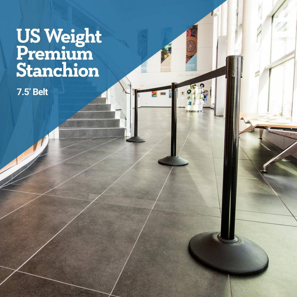 Black Heavy Duty Steel Stanchion with 7.5-Foot Retractable Belt
