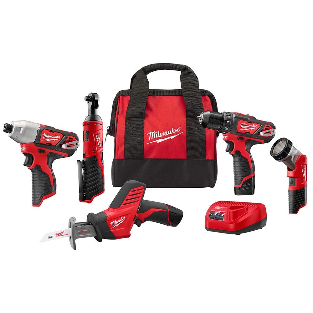 Milwaukee M12 12-Volt Lithium-Ion Cordless Combo Kit (5-Tool) w/Compact Inflator, 2.0 Ah Battery and Charger -  2498-25H-24