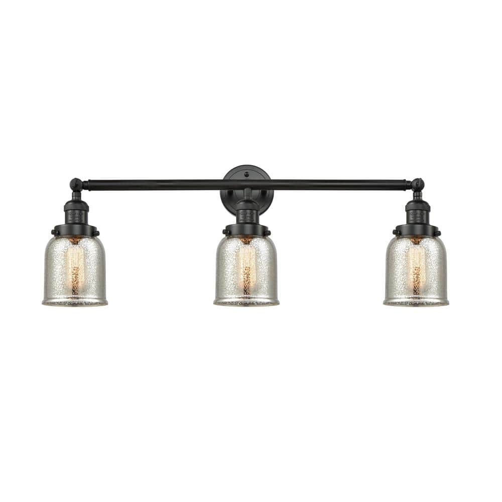 Innovations Bell 30 in. 3Light Matte Black Vanity Light with Silver Plated Mercury Glass Shade