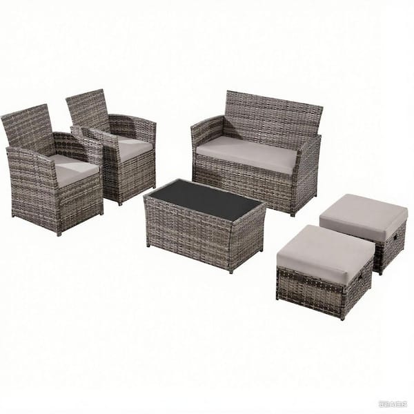 JUSKYS 6-Pieces Mixed-Gray Wicker Outdoor Patio Furniture Conversation Set with Gray Cushions and Coffee Table, Ottomans