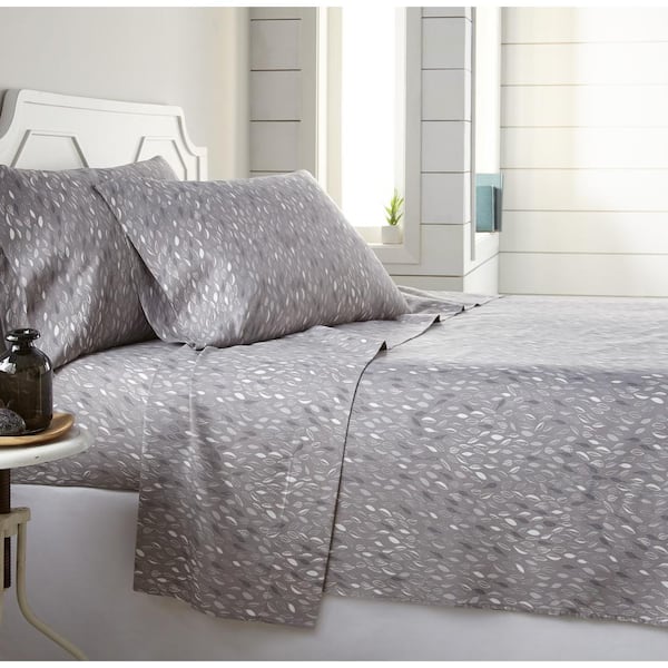 Southshore Fine Linens Botanical Leaf 4-Piece White Leaf on Grey Microfiber Full Sheet Set