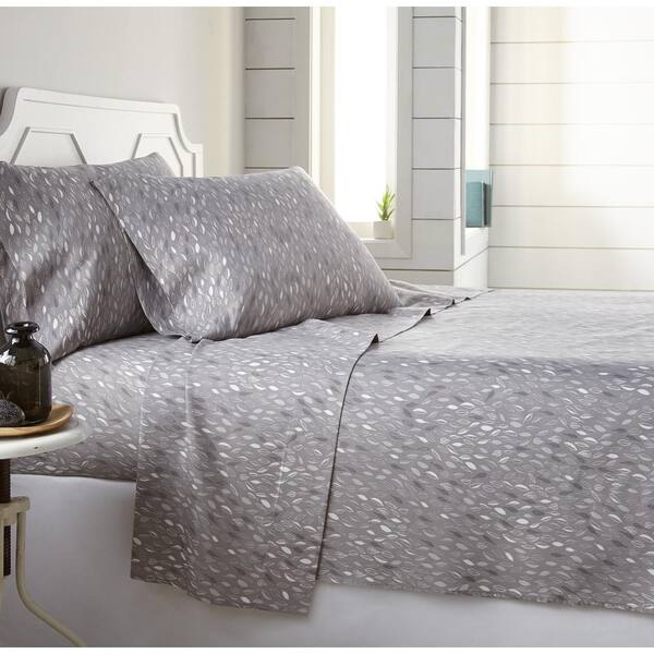 Southshore Fine Linens Botanical Leaf 3-Piece White Leaf on Grey Microfiber Twin XL Sheet Set