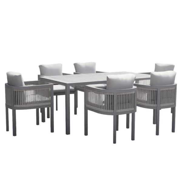 7-Piece Gray Aluminum Outdoor Dining Set with White Cushions, Rectangular Aluminum Slatted Table, Seats 6