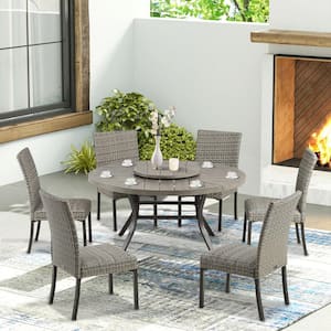 7-Piece Aluminum Outdoor Dining Set, Wicker Dining Chairs, Round Dining Table with Lazy Susan