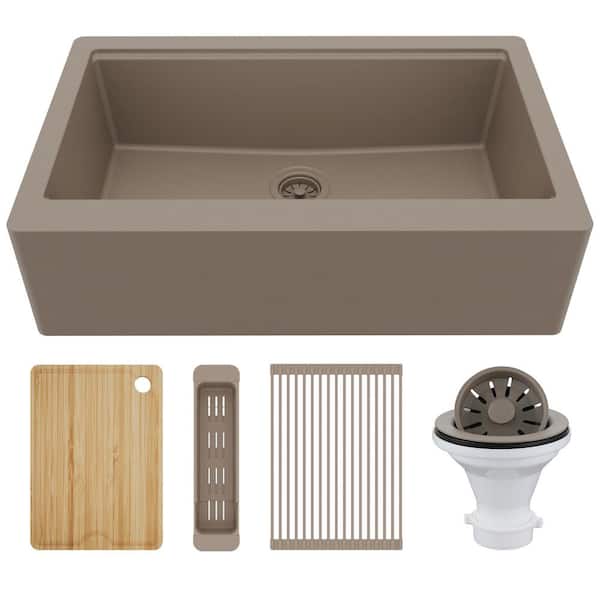 34 in. Farmhouse Single Bowl Quartz Workstation Kitchen Sink in Concrete
