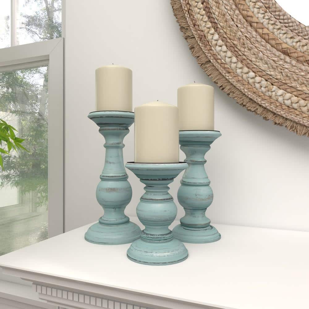 Light Blue Mango Wood Pillar Candle Holder Set, 6", 8", 10"