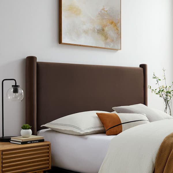 Rael Queen Upholstered Headboard with Pillars in Chocolate Brown