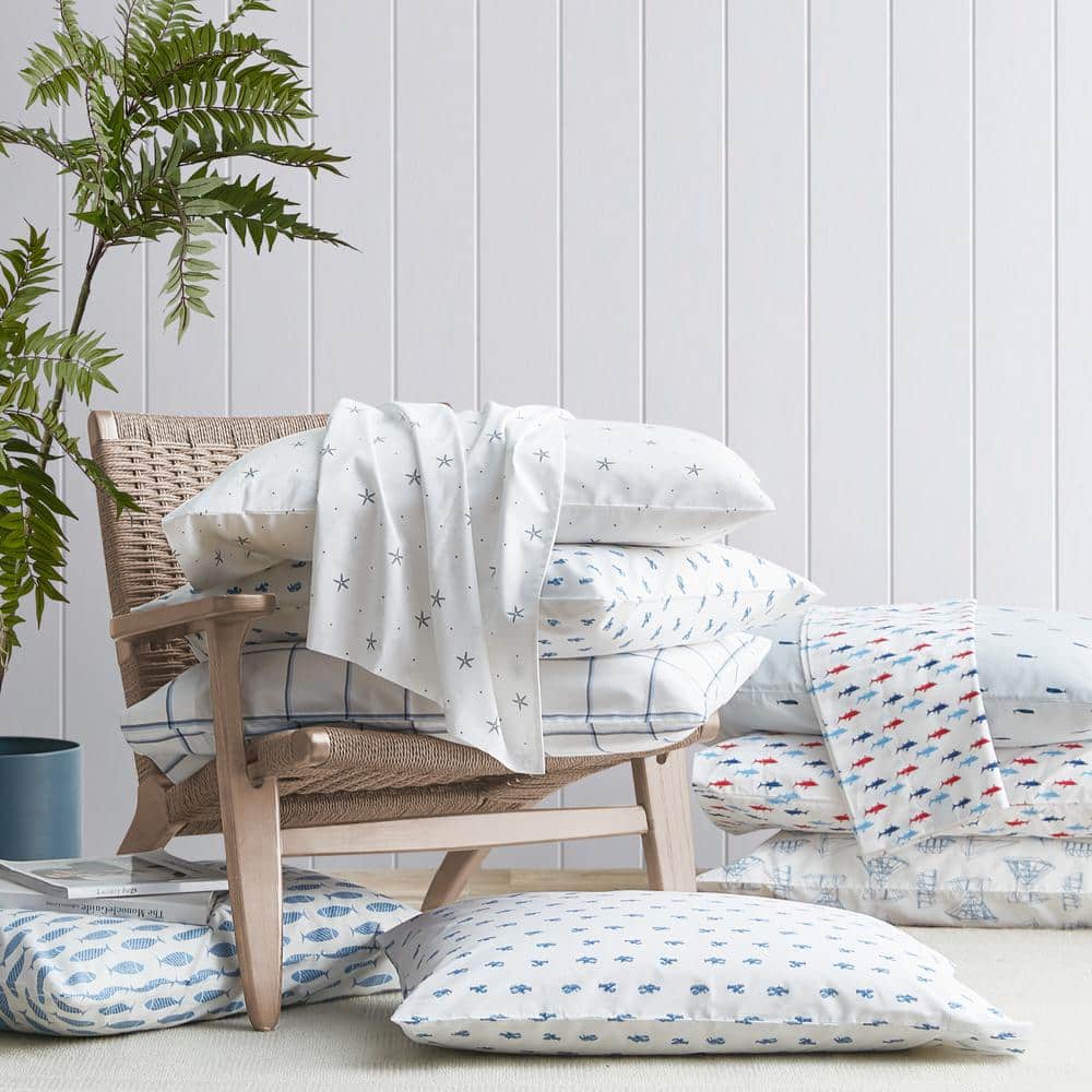 Twin XL Blue Cotton Percale Nautical Print Sheet Set