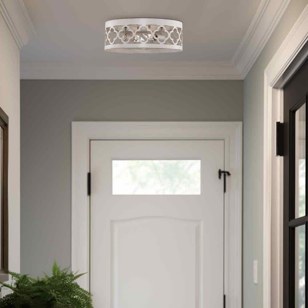 Antique White Metal Drum Flush Mount Ceiling Light, Modern Design