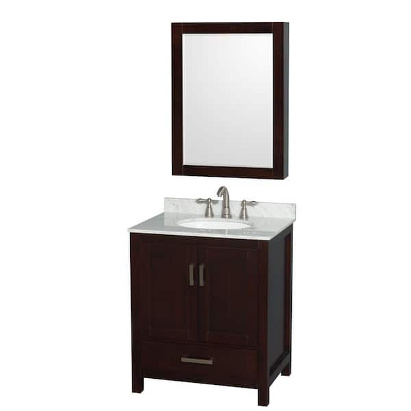 Wyndham Collection Sheffield 30 in. W x 22 in. D x 35.25 in. H Single Bath Vanity in Espresso with White Carrara Marble Top and MC Mirror