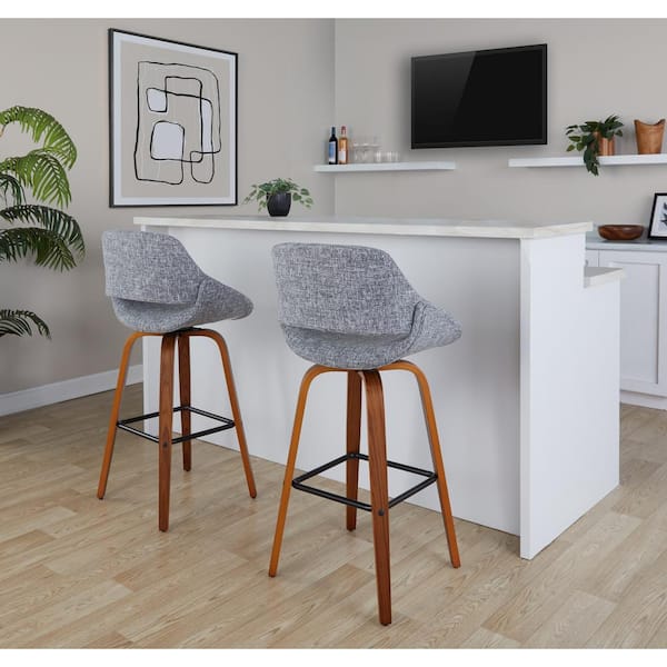 LumiSource Fabrico 29.5 in. Grey Noise Fabric, Walnut Wood, and Black Metal Fixed-Height Bar Stool with Square Footrest (Set of 2)