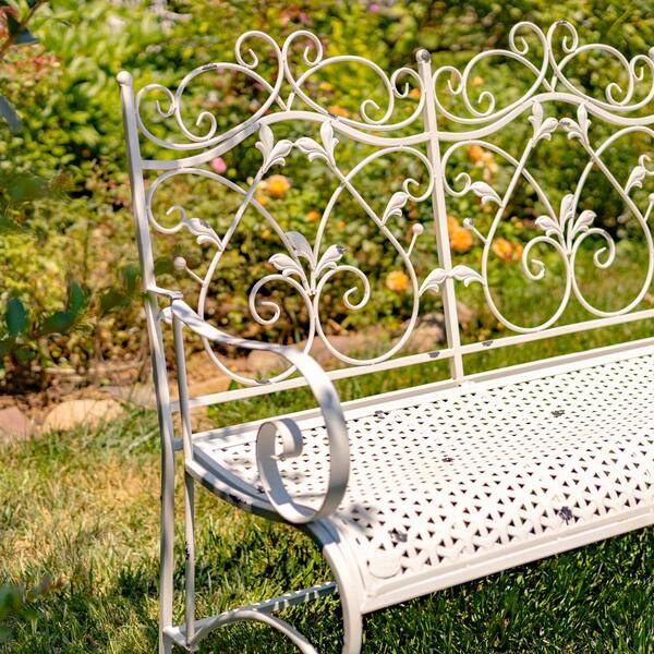 Zaer Ltd. International 46 in. Antique White Iron Garden Bench 