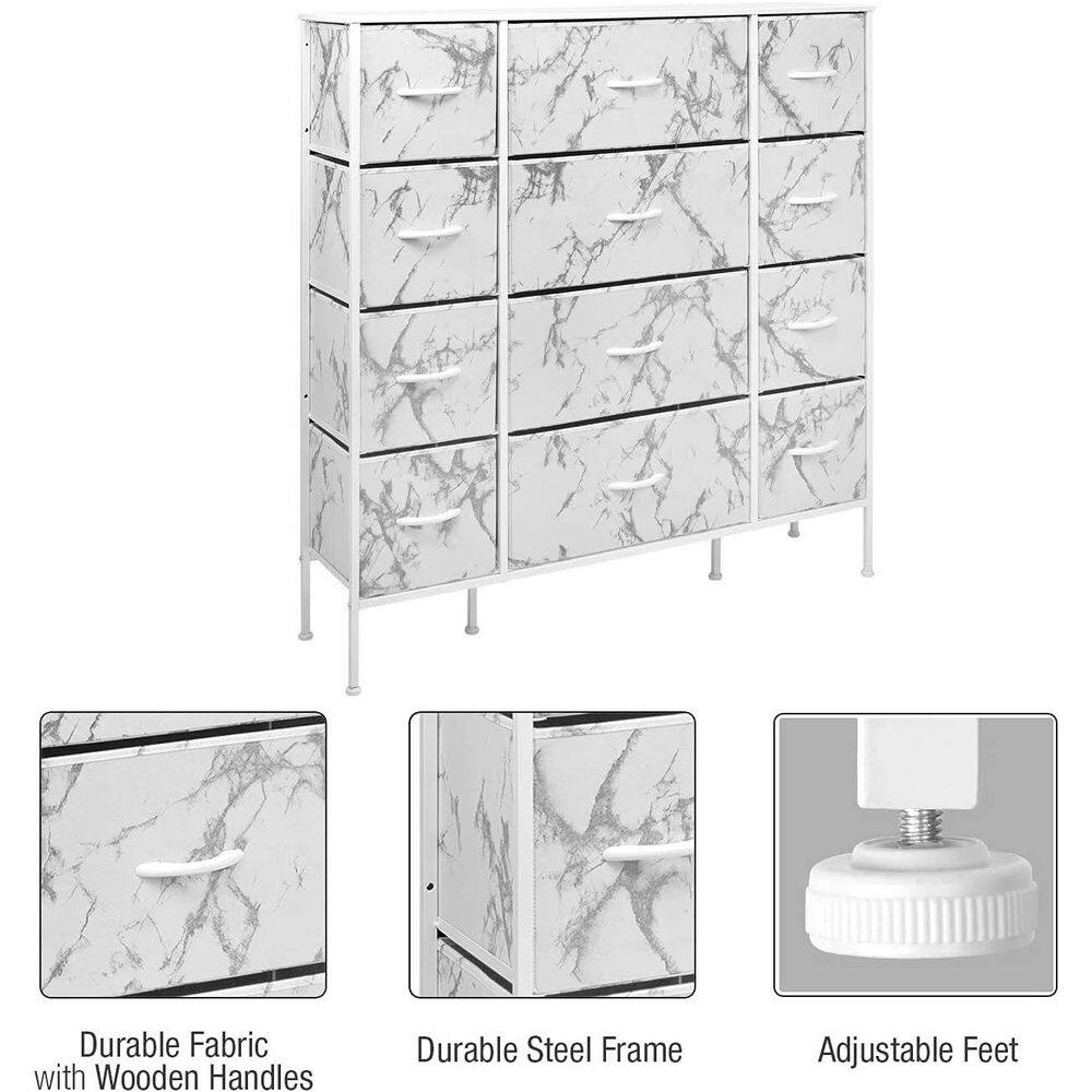 Sorbus White 12-Drawer Vertical Dresser with Marble Print Fabric Bins