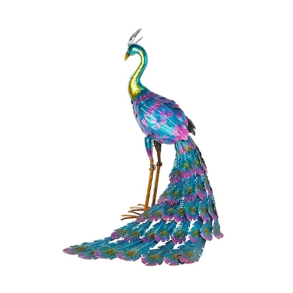 28 in. Tall Outdoor Metallic Peacock Standing Yard Statue Decoration, Multicolor