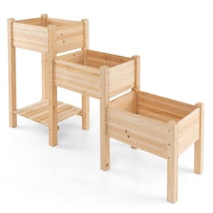 3-Tier Natural Fir Wooden Garden Bed Elevated Planter with 3-Planter Boxes, Open Storage Shelf