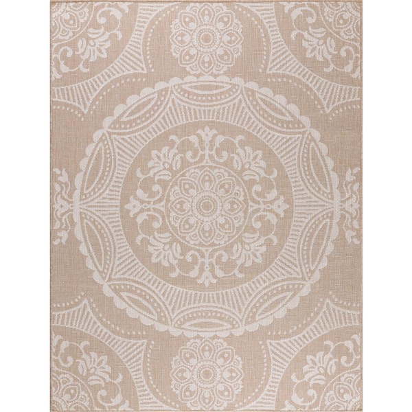Beige 9 ft. x 12 ft. Waikiki Medallion Modern Indoor Outdoor Area Rug