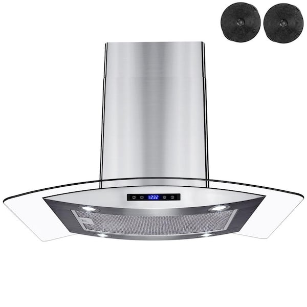 AKDY 36 in. Kitchen Island Mount Range Hood in Stainless Steel with Tempered Glass, LEDs, Touch Control and Carbon Filters