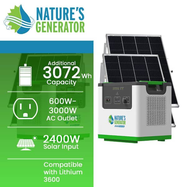 Nature's Generator Lithium 3600 Platinum,1 x Lithium 3600 + 1 x Pod + 4x 100W Panels + 50' Cable