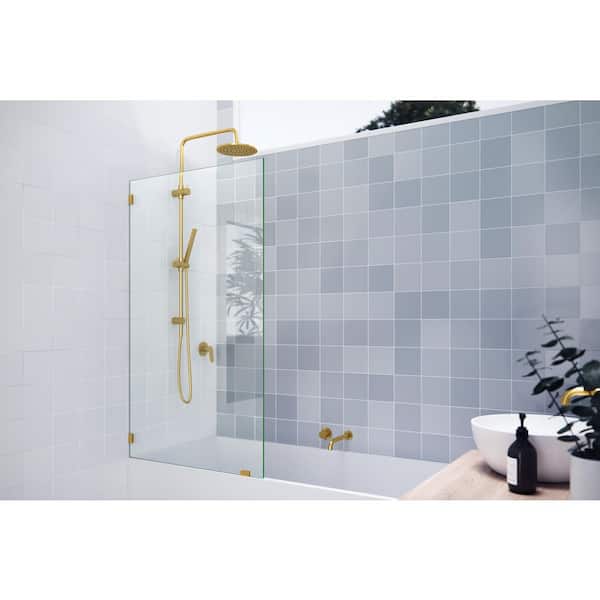 Vela 34 in. W x 58.25 in. H Frameless Fixed Panel Tub Door in Satin Brass with Clear Glass
