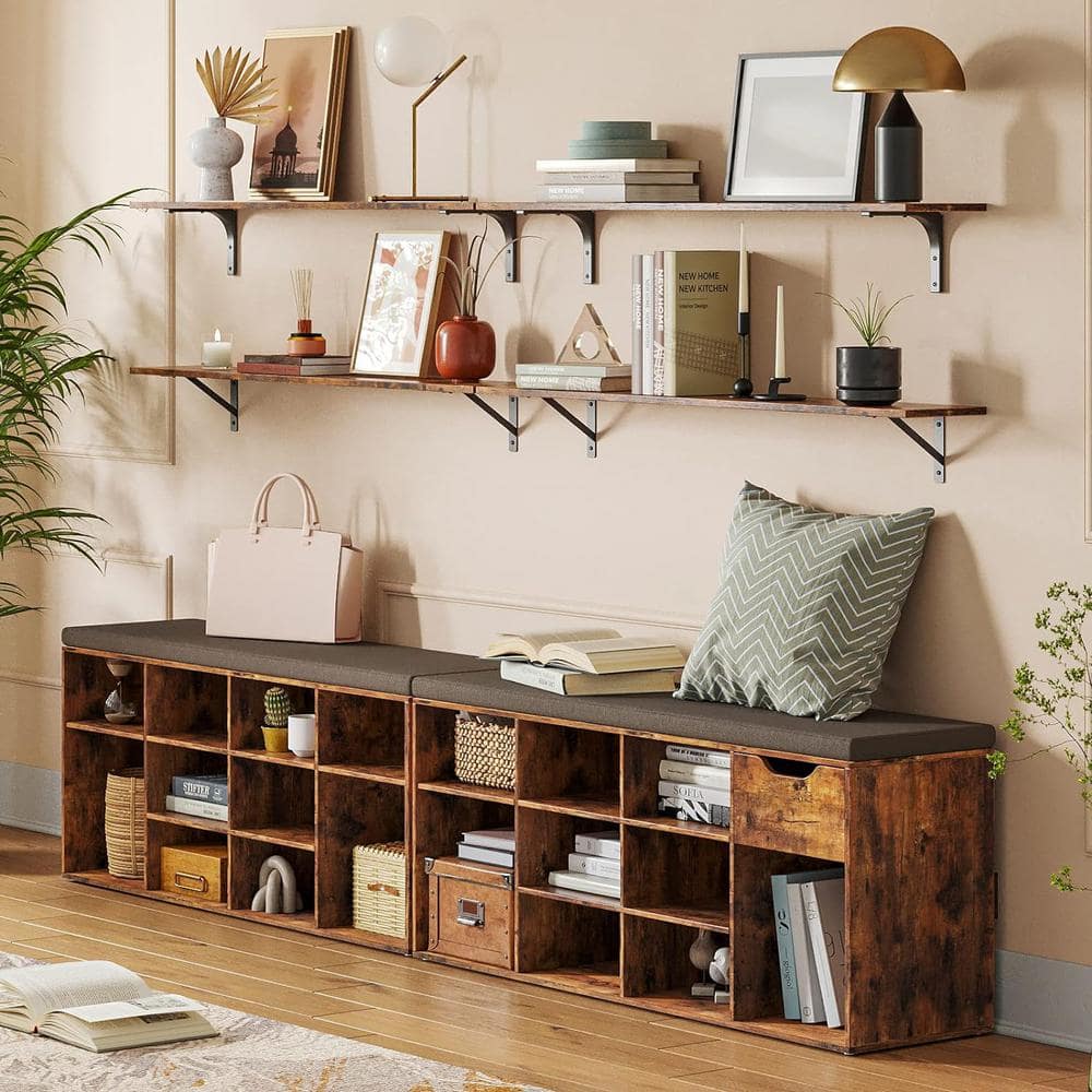 Rustic Brown 55" Wood Floating Shelves with Metal Brackets