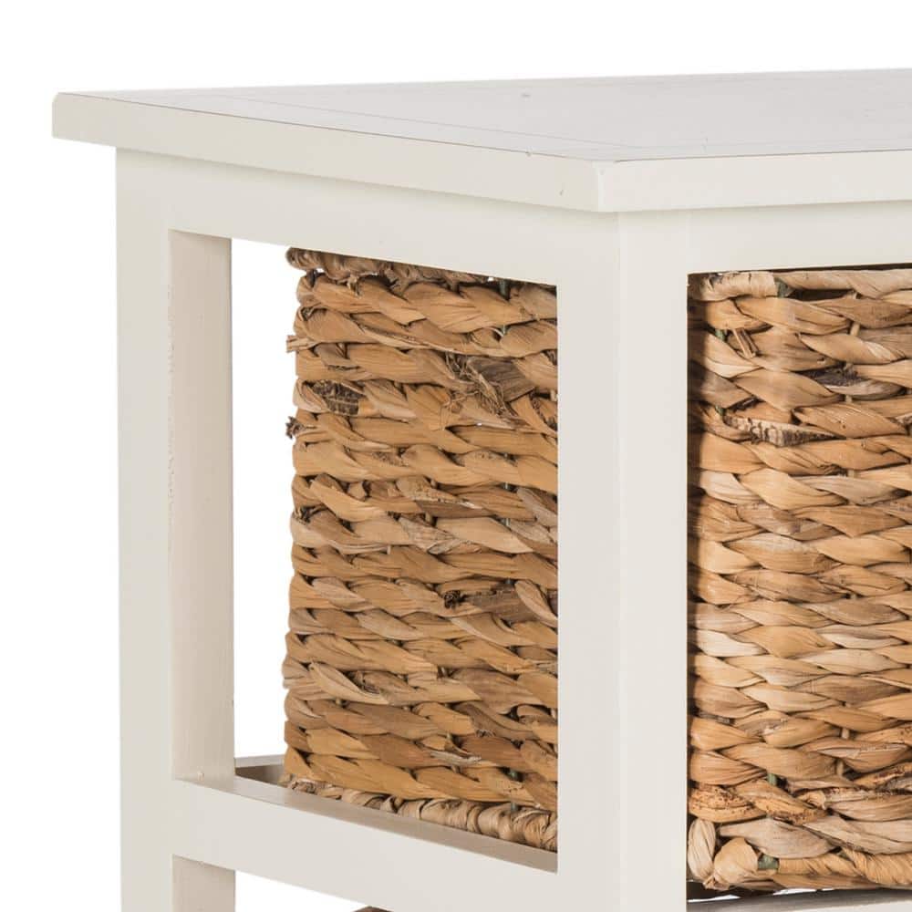 Distressed White Pine Wood 3-Drawer Side Table with Wicker Baskets