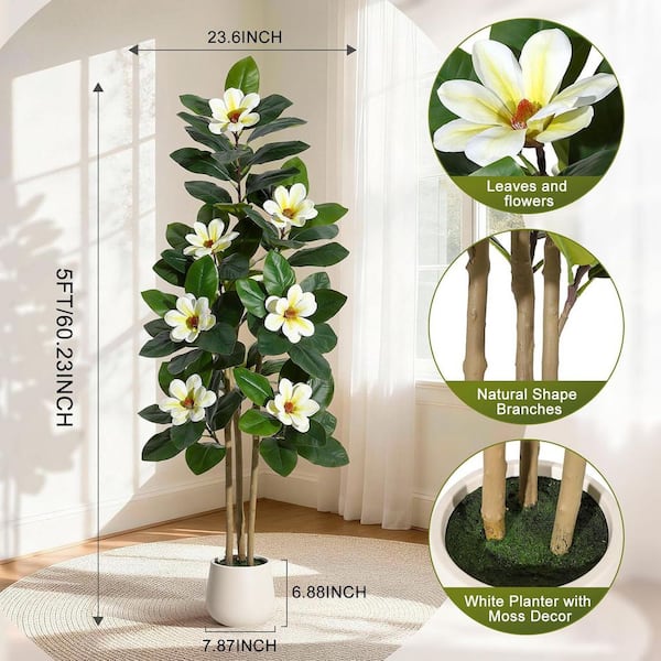 5 ft. Artificial Rubber Tree in Pot, Faux Tree Real Touch Leaves Multi  Trunks Fake Potted Plant w/ White Flowers Indoor HDsk20260416-7 - The Home  Depot