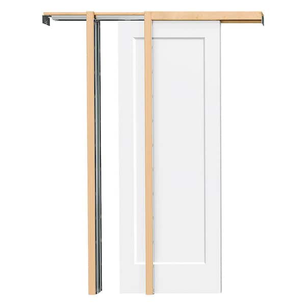 32 in. x 80 in. 1-Panel, Hollow Core, Composite, White Primed, Pocket Sliding Door with Pocket Door Hardware Kit