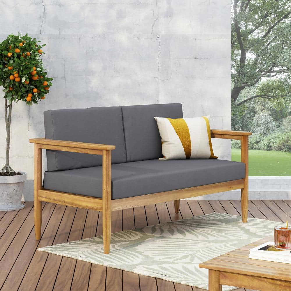 Teak Wood Outdoor Loveseat with Dark Gray Cushions