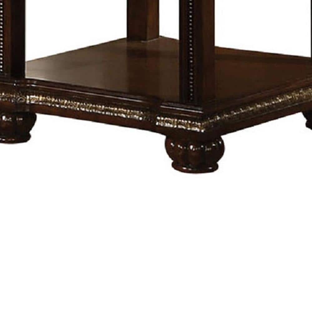 Cherry Brown Wooden End Table with Glass Top and Storage
