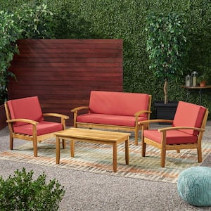 4-Piece Wood Patio Seating Set with Red Cushions