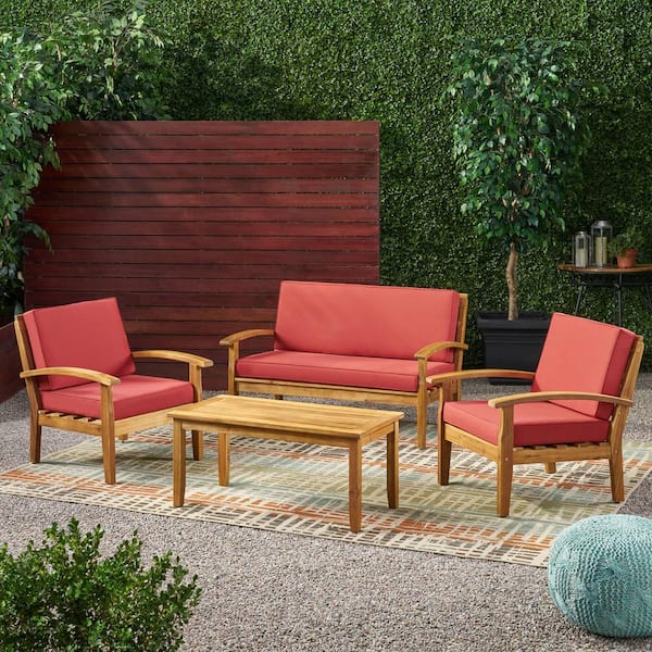 Noble House 4-Piece Wood Patio Seating Set with Red Cushions