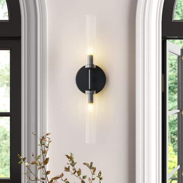 Tora 4.7 in. 2-Light Matte Black Modern Linear Tube Wall Sconce with Clear Striped Glass Shades