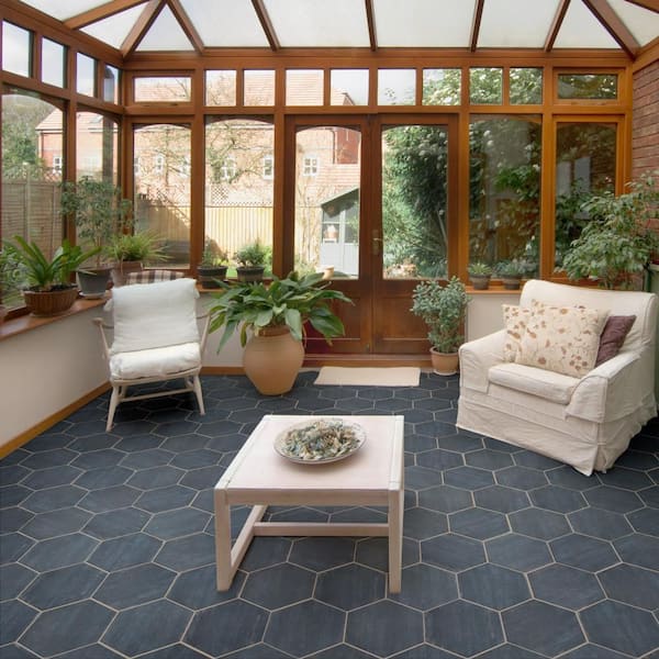 Retro Mini Hex Blue 7 in. x 8 in. Porcelain Floor and Wall Take Home Tile Sample