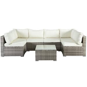 7-Piece Gray Wicker Outdoor Patio Sectional Sofa Conversation Set with White Cushions and 1 Coffee Table