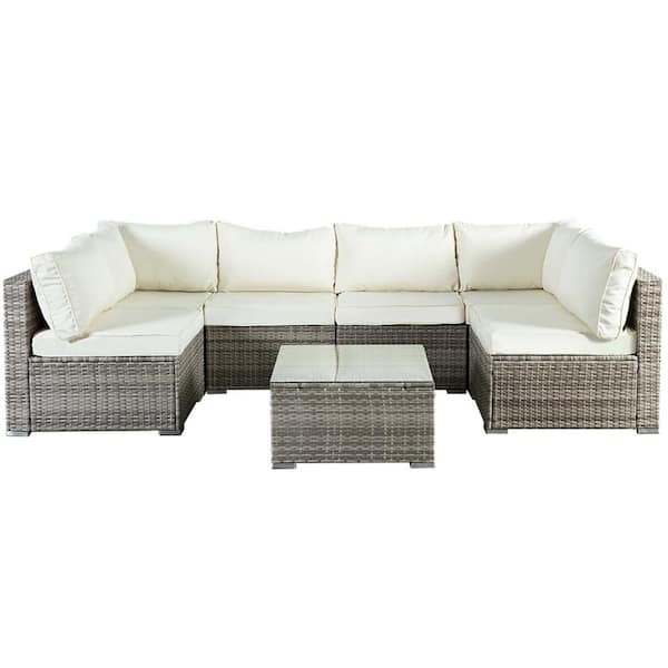 Zeus & Ruta 7-Piece Gray Wicker Outdoor Patio Sectional Sofa Conversation Set with White Cushions and 1 Coffee Table
