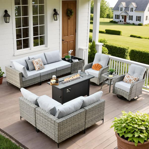 HOOOWOOO Holston 11-Piece Wicker Outdoor Patio Conversation Sofa Set with a Metal Fire Pit, Swivel Chairs and Light Grey Cushions