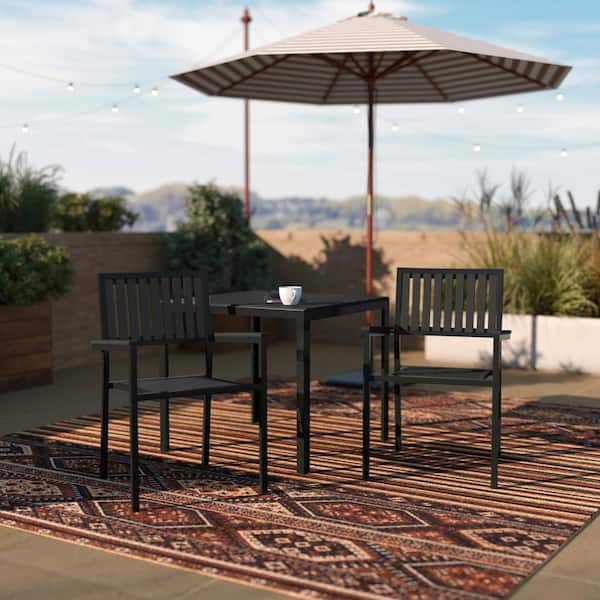 Henson Black Indoor/Outdoor Metal Stacking Club Chairs with Black Poly Resin Slatted Backs in Black (Set of 2)