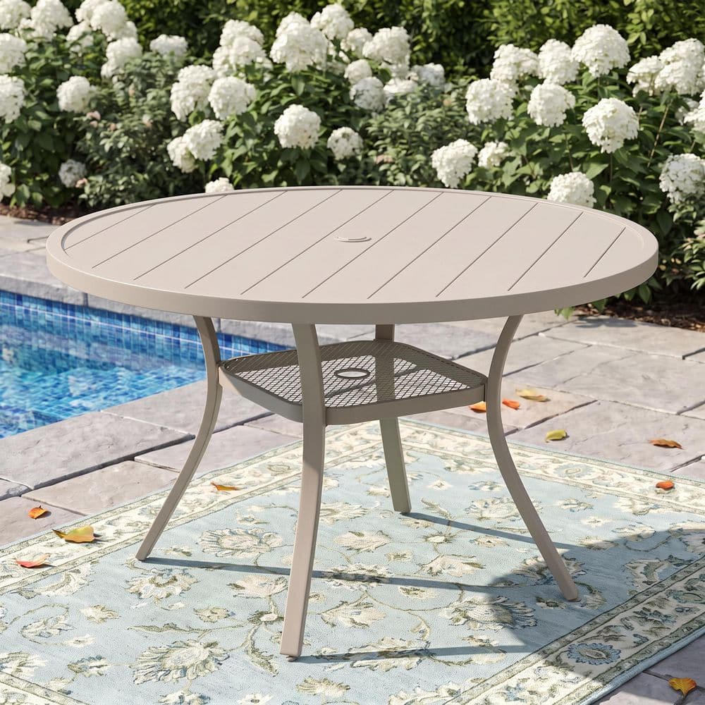 47.2 in. Sandshell Round Metal Outdoor Dining Table with Umbrella Hole, All-Weather Patio Table for Lawn, Poolside