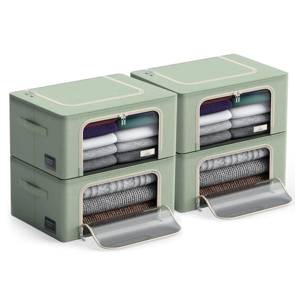 Storage Bins, Organizers with Metal Frame, Handles, and Window, Green 15.75 in. x 8 in. Fabric Decorative Box (Set of 4)