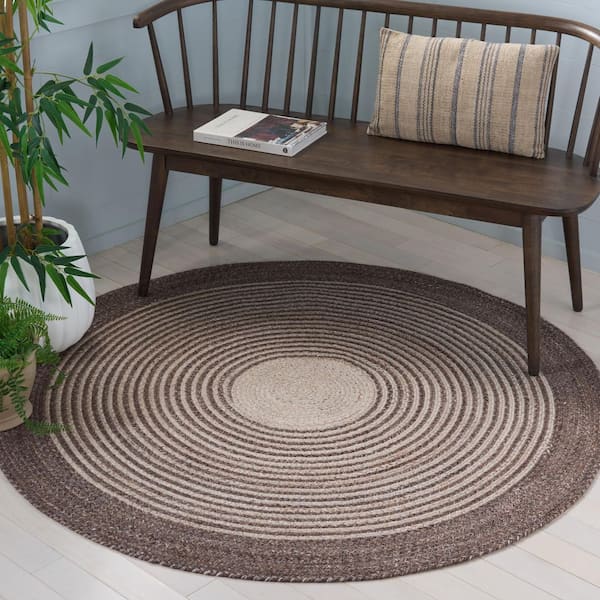 Braided 4 ft. x 4 ft. Brown/Beige Border Striped Gradient Round Area Rug