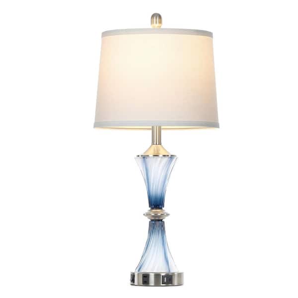 Cinkeda Spiral Glass 28 in. Blue Non-Dimmable Living Room Table Lamp Set with AC Socket and USB Port (Set of 2)