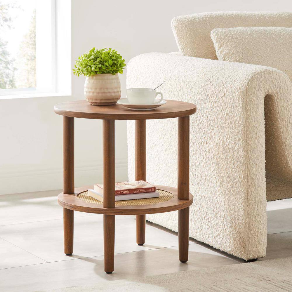 Walnut Round Wood Side Table with Rattan Shelf