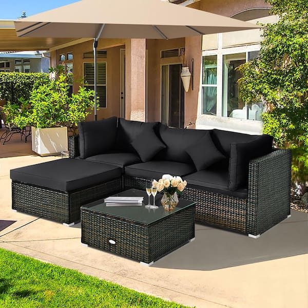 5-Piece Wicker Patio Conversation Set with Black Cushions