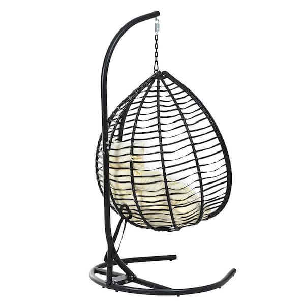 Portable Egg Hammock with Stand Outdoor Swing Chair with Cushion in Black Beige